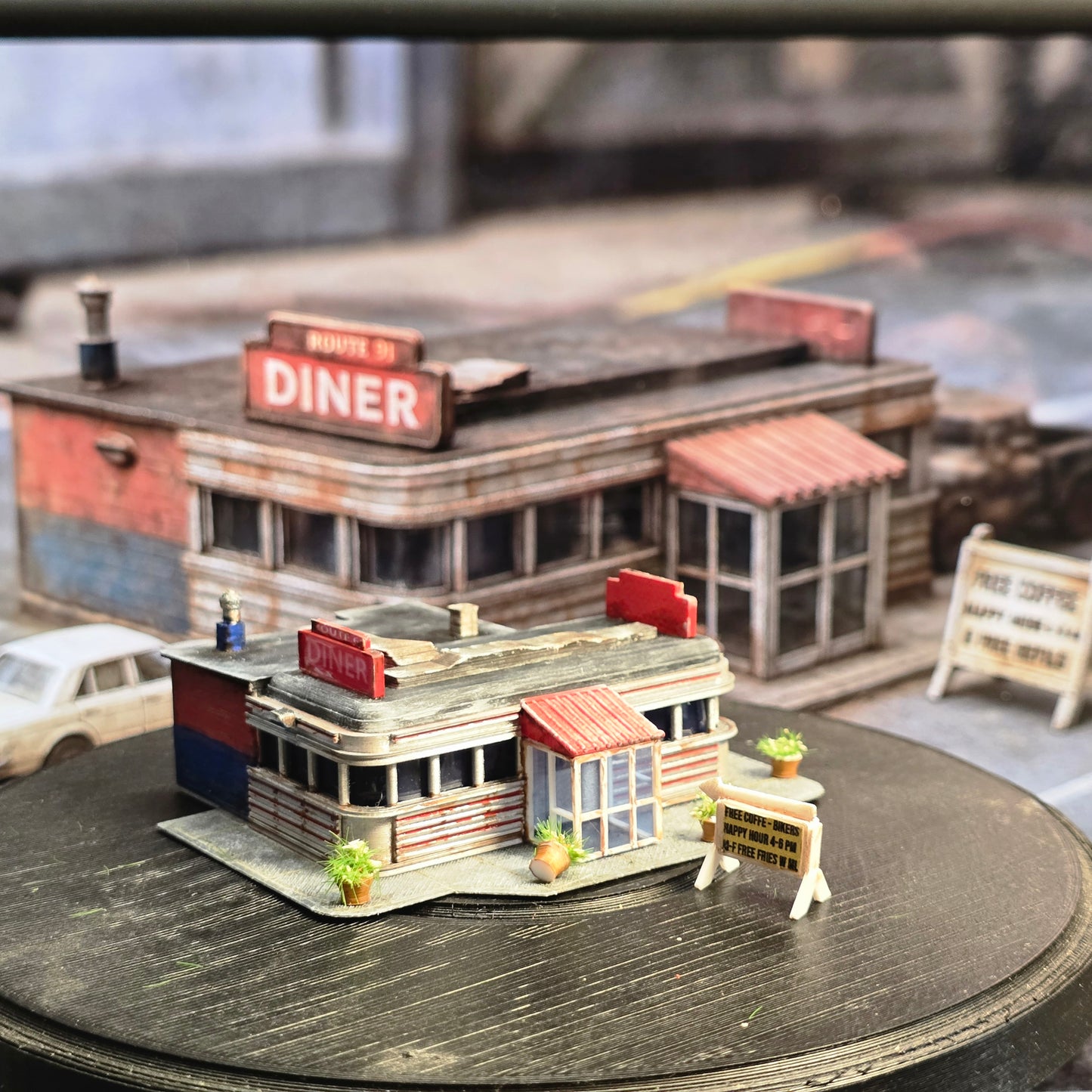 N Scale Route 66 Diner – Lighted & Weathered Ready-Built Miniature for Model Railroad, Diorama, or Display