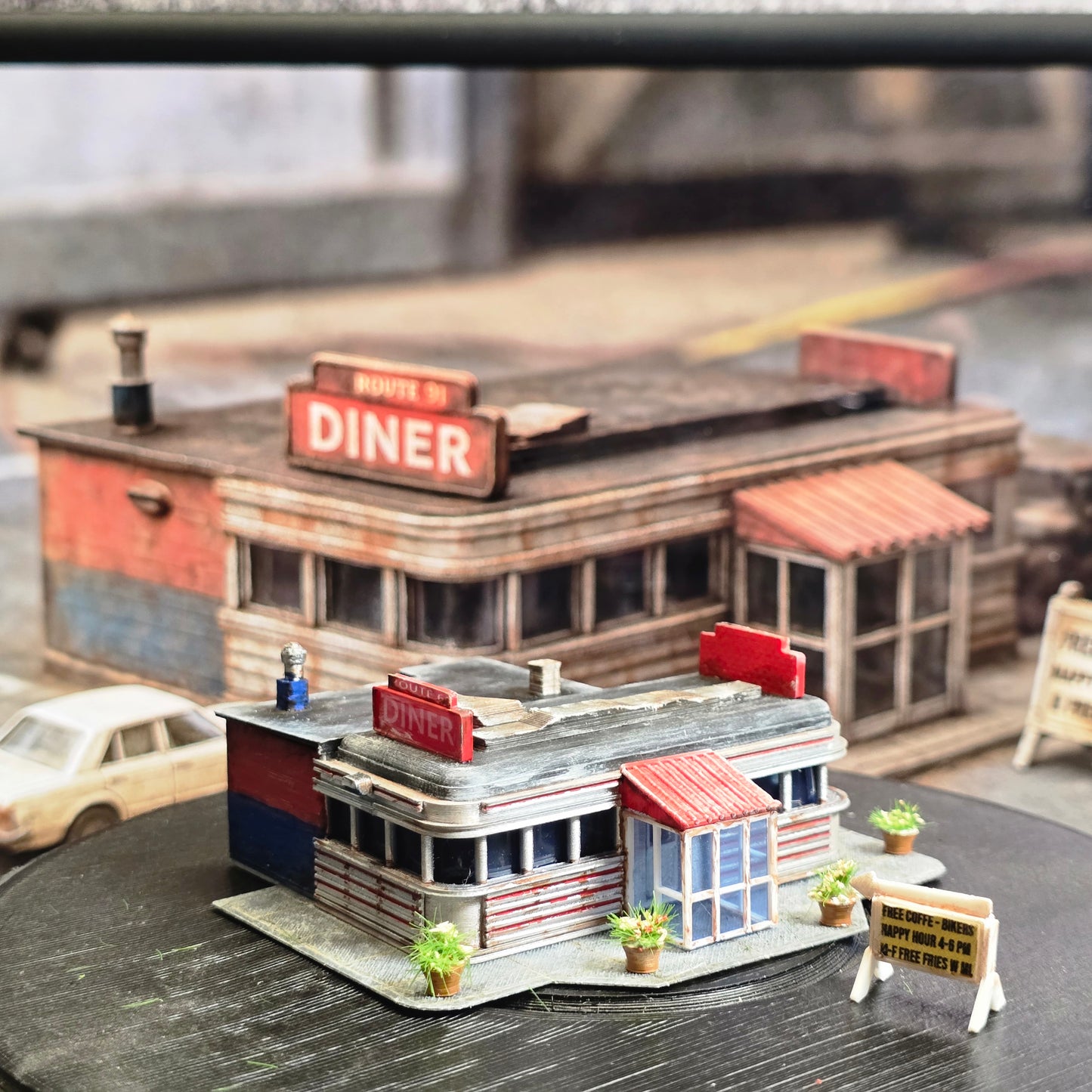 N Scale Route 66 Diner – Lighted & Weathered Ready-Built Miniature for Model Railroad, Diorama, or Display