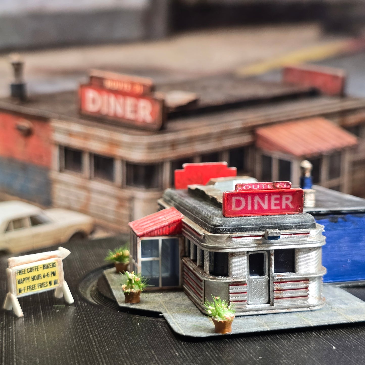 N Scale Route 66 Diner – Lighted & Weathered Ready-Built Miniature for Model Railroad, Diorama, or Display
