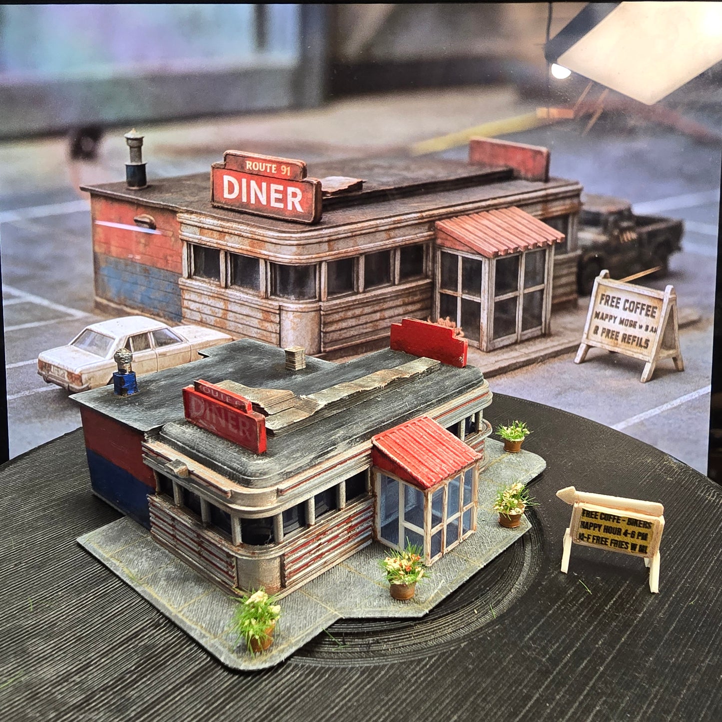 N Scale Route 66 Diner – Lighted & Weathered Ready-Built Miniature for Model Railroad, Diorama, or Display
