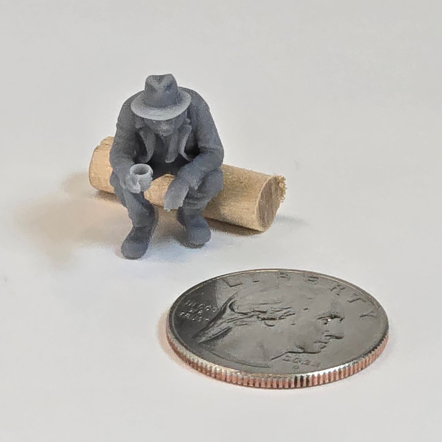 Large Hobo Sitting on Log with Coffee Cup – 22mm Tall Resin Figure