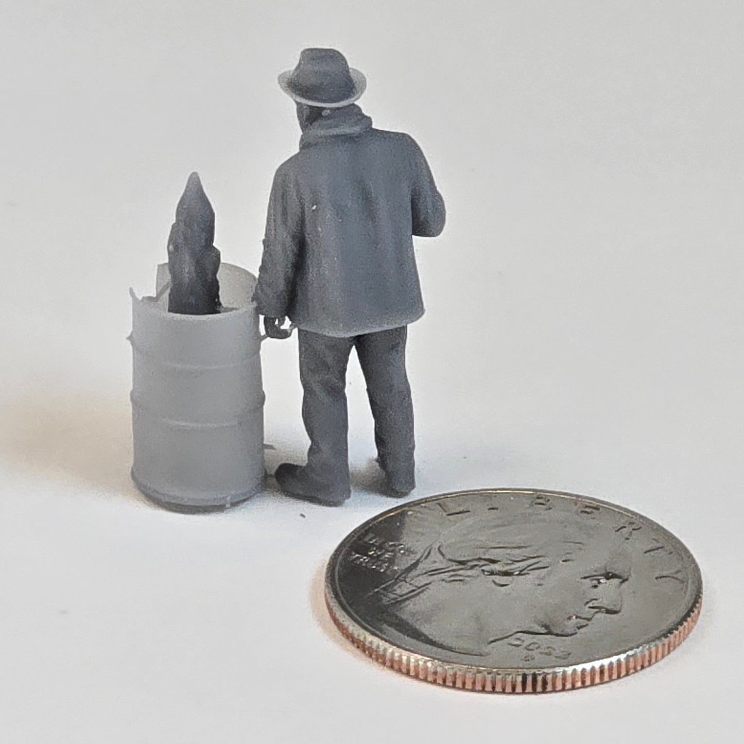 Large Hobo at Barrel Fire – 30mm Tall Resin Figure with Coffee Cup
