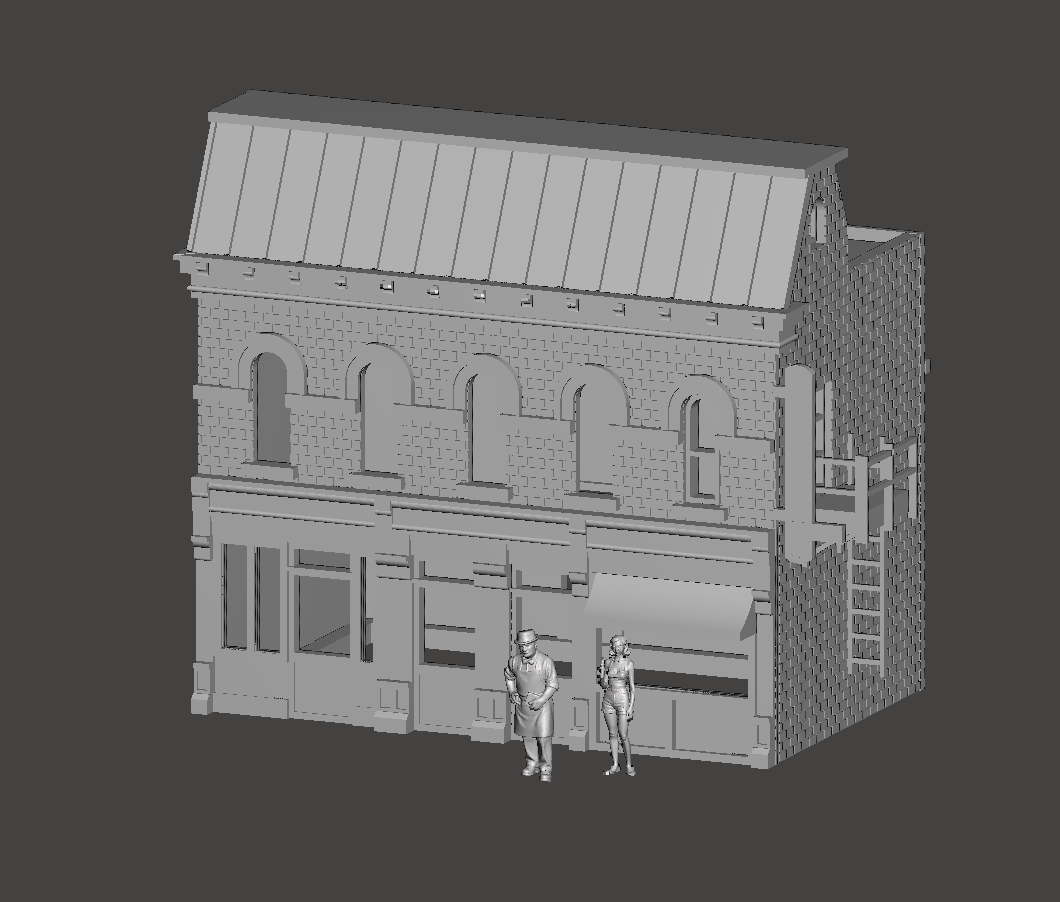 N Scale Corner Store Building Scene Set – Grocer, Coke Bottle Girl & Two Storefronts – Unpainted
