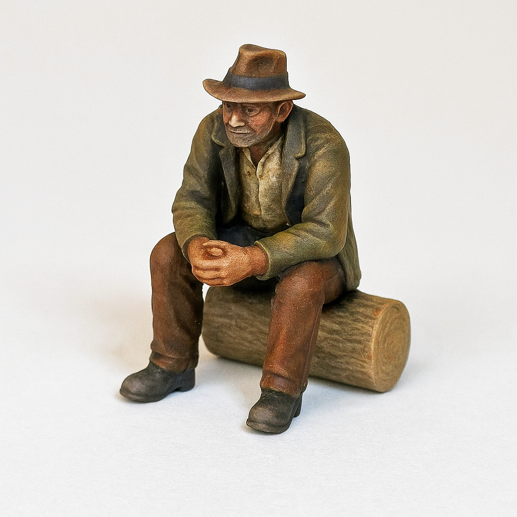 Large Hobo Sitting with Hands Folded – 22mm Tall Resin Figure