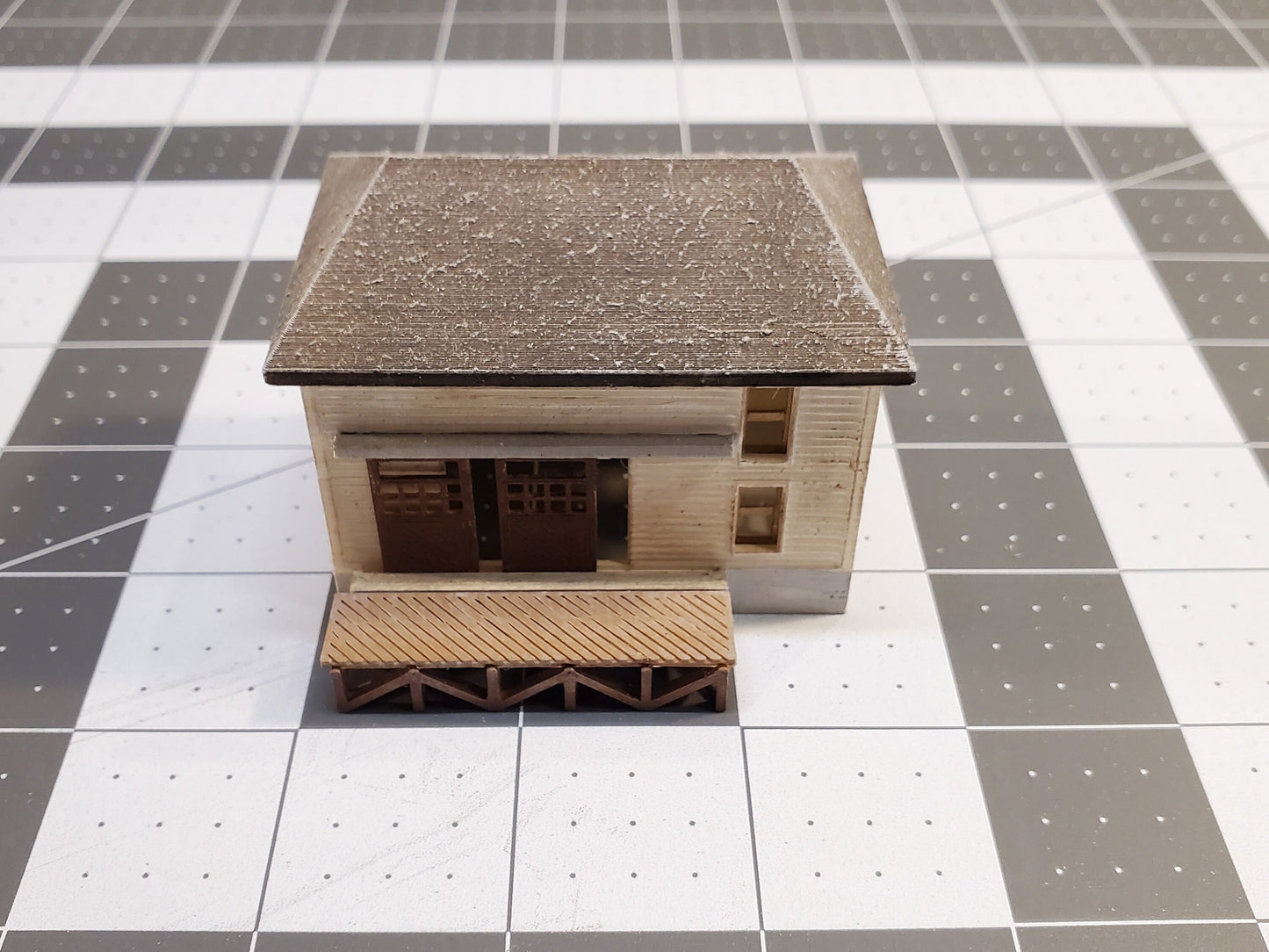 Ready-Built N scale Painted Built up structure Factory Workshop with dock. Ready to install on your Model train layout.