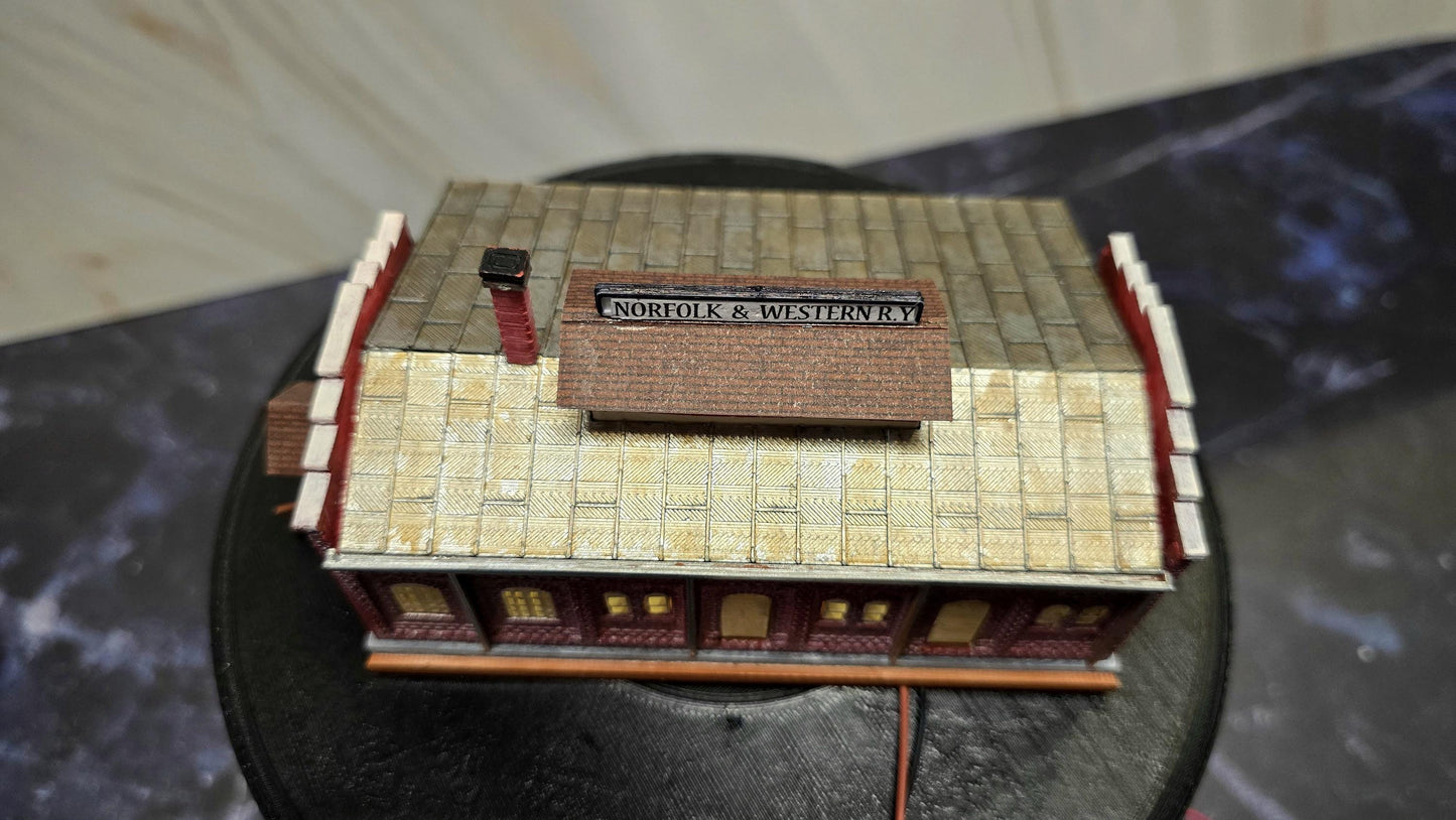 Miniature Monday Special N Scale Ready Built with lights N and W Freight Depot #ModelBuilding #Miniature #T track ((Not the kit)) fully assembled.