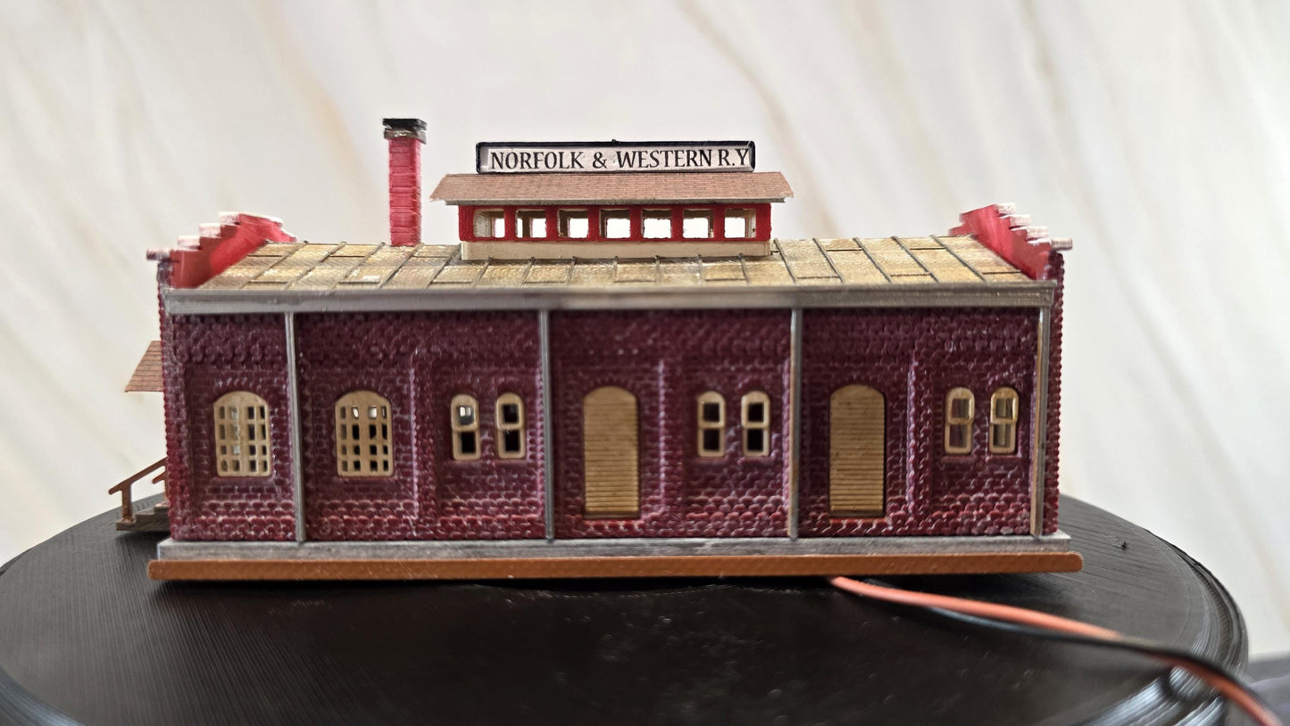 Miniature Monday Special N Scale Ready Built with lights N and W Freight Depot #ModelBuilding #Miniature #T track ((Not the kit)) fully assembled.
