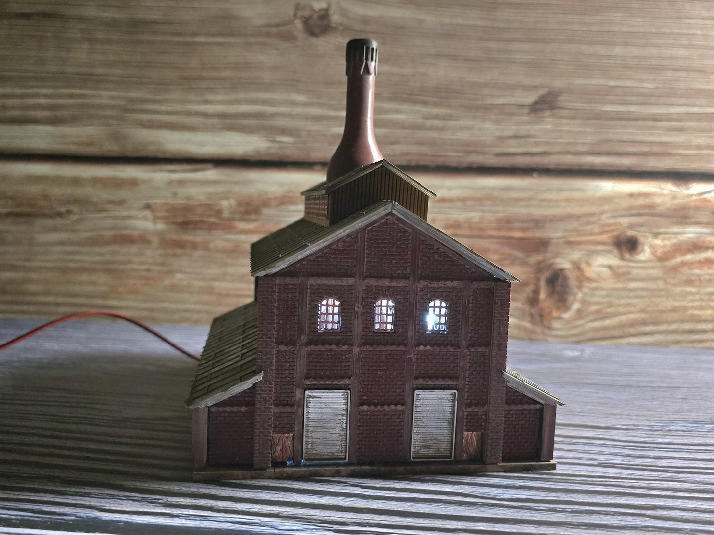 n scale ready built lit glass factory with lights handcrafted model railroad building for dioramas & layouts"**