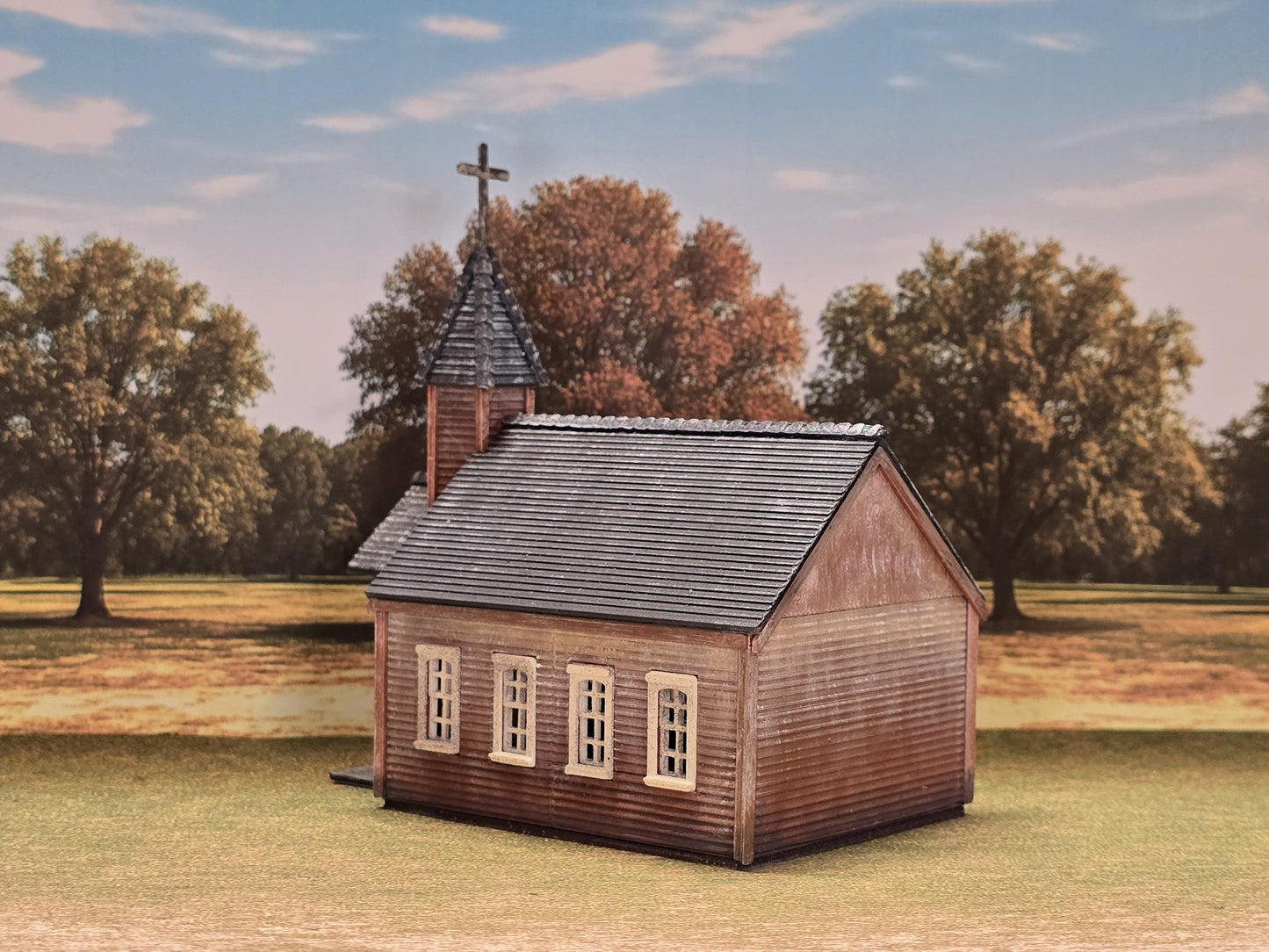 N scale Ready Built with lights Old western Church resized smaller for- 3D printed for dioramas, terrain, model trains, dollhouses.