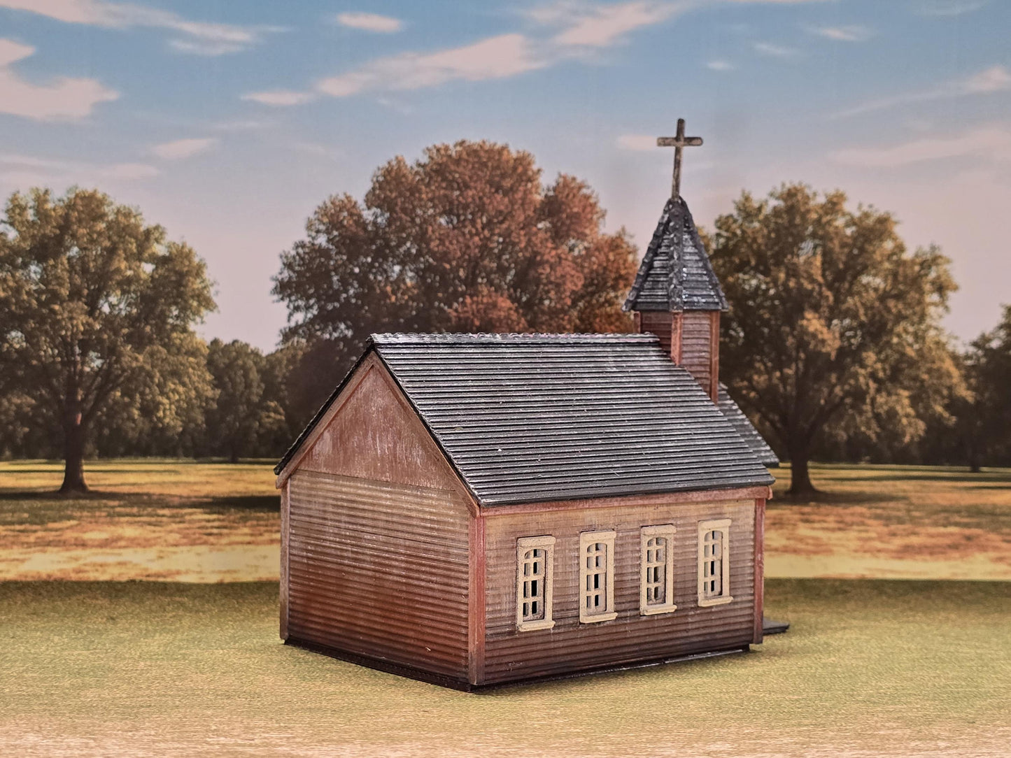 N scale Ready Built with lights Old western Church resized smaller for- 3D printed for dioramas, terrain, model trains, dollhouses.