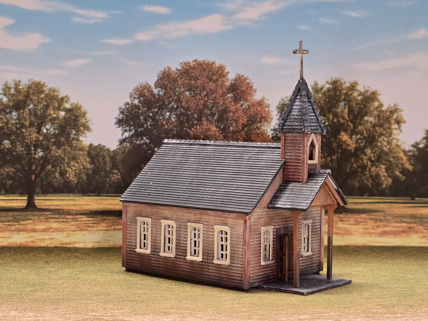 N scale Ready Built with lights Old western Church resized smaller for- 3D printed for dioramas, terrain, model trains, dollhouses.
