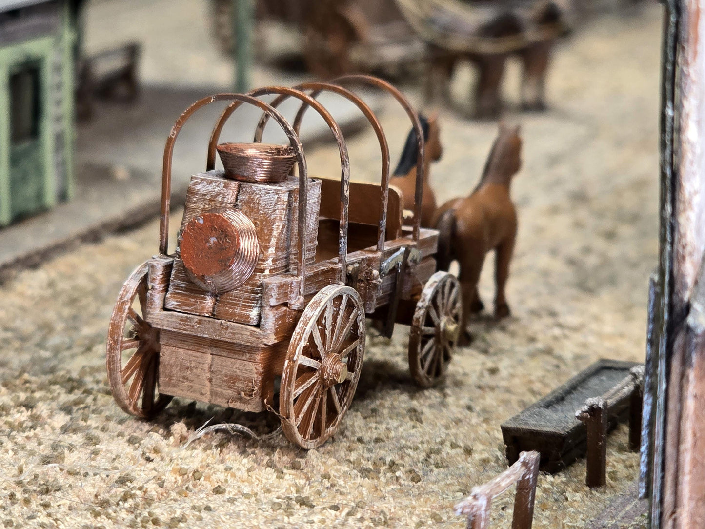 N scale Western Chuck wagon with tools and horses - kit model Old western Pioneer - UN PAINTED - Dioramas- Terrain - Model -Doll house