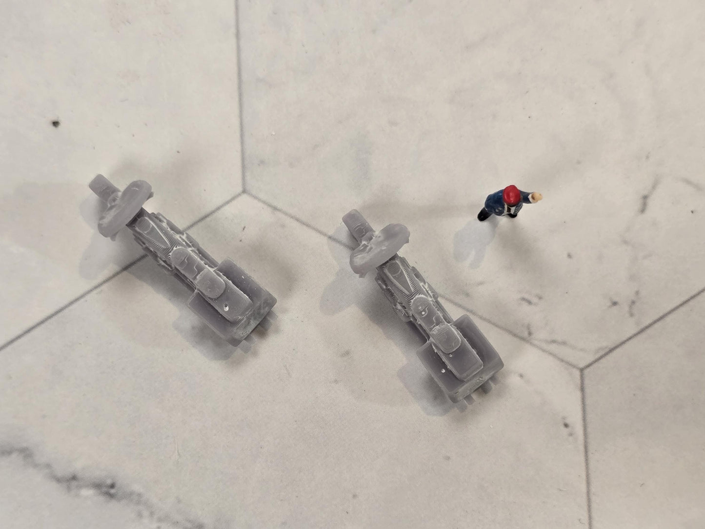 N Scale 2- Harley-Davidson-like motorcycles, painted and layout-ready. Perfect for war games, dioramas, model railroads collectors.