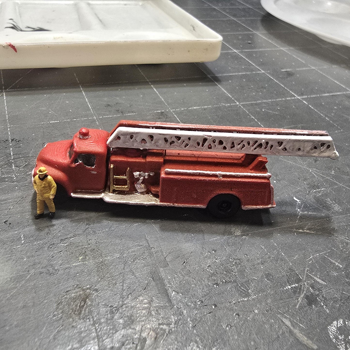 N Scale Hand Painted Ladder Truck with Fireman Weathered, Ready-Built Miniature for Model Railroad Layout, Diorama Scene, or Train Display