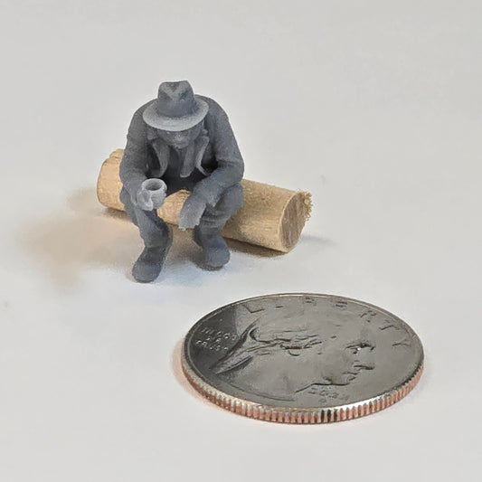Large Hobo Sitting on Log with Coffee Cup – 22mm Tall Resin Figure