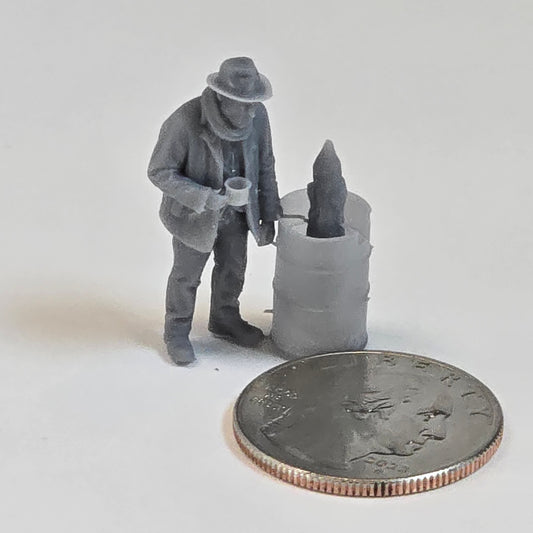 Large Hobo at Barrel Fire – 30mm Tall Resin Figure with Coffee Cup