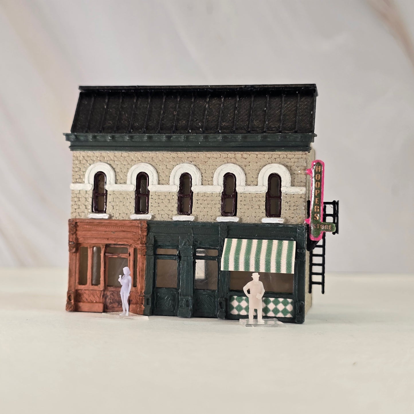 N Scale Corner Store Building Scene Set – Grocer, Coke Bottle Girl & Two Storefronts – Unpainted