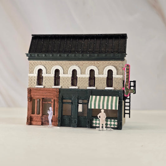 N Scale Corner Store Building Scene Set – Grocer, Coke Bottle Girl & Two Storefronts – Unpainted