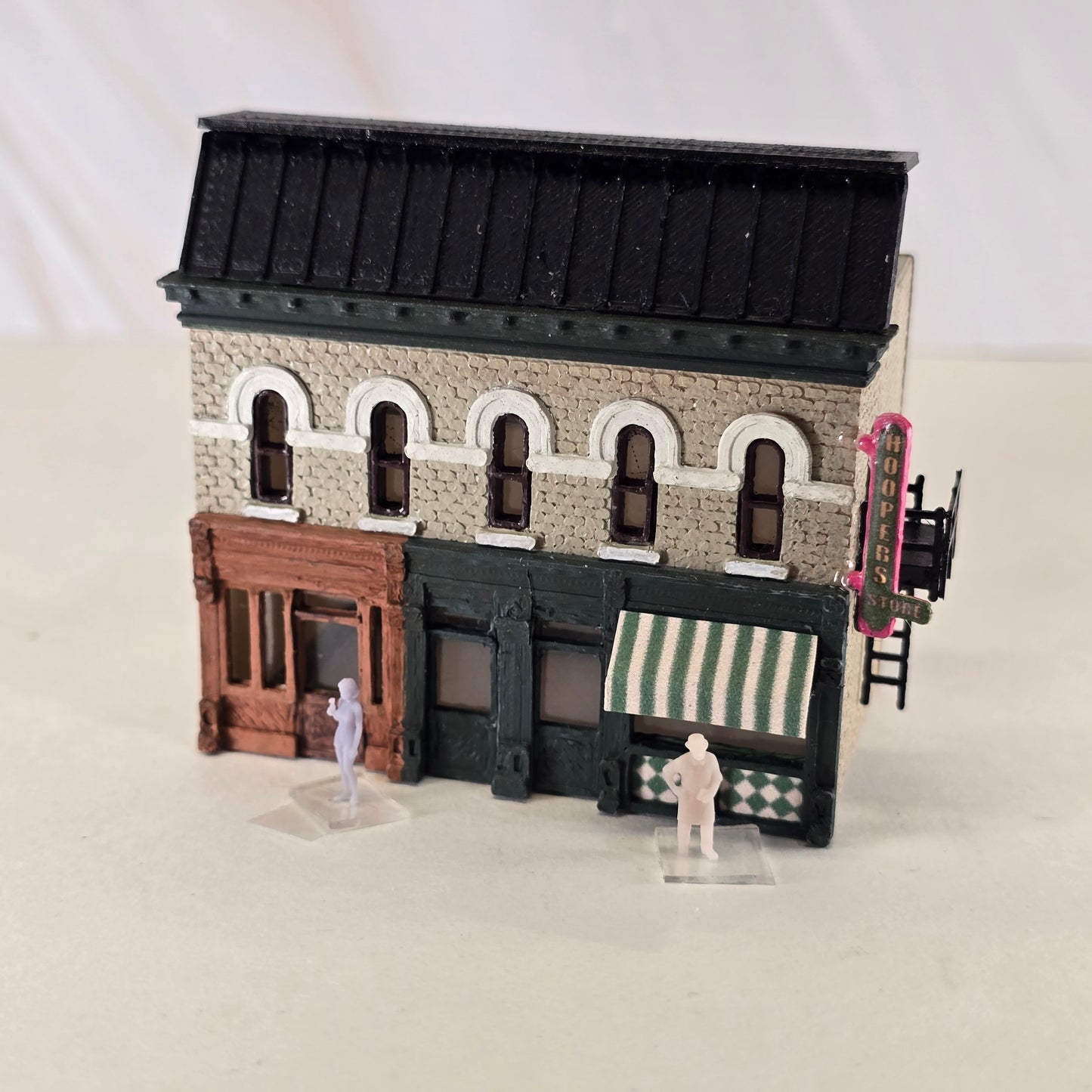 N Scale Corner Store Building Scene Set – Grocer, Coke Bottle Girl & Two Storefronts – Unpainted