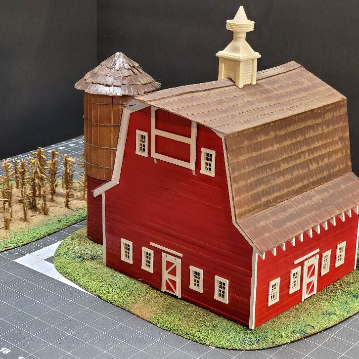 O Scale Red Barn with Real Wood, Silo, and Cornfield – Ready-Built Farm Scene for Model Train Layouts