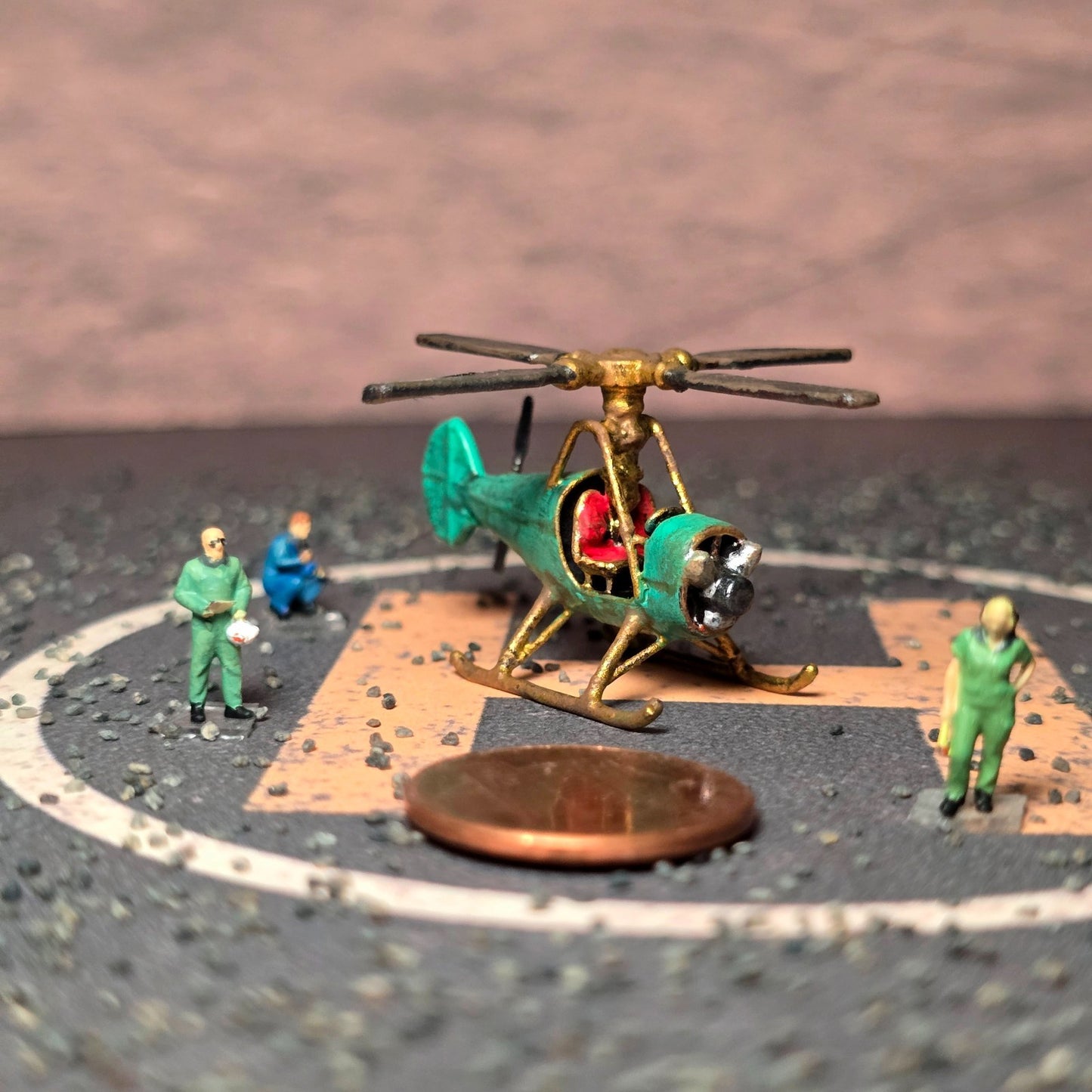 Hand-Painted Miniature Helicopter Scene | N Scale 1:160 Diorama Set | USA Made
