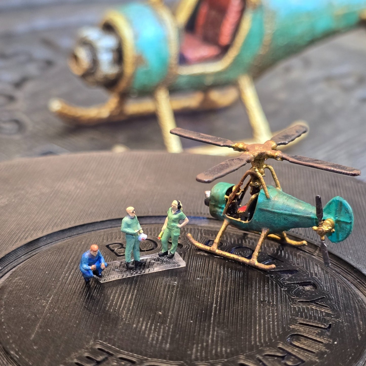 Hand-Painted Miniature Helicopter Scene | N Scale 1:160 Diorama Set | USA Made