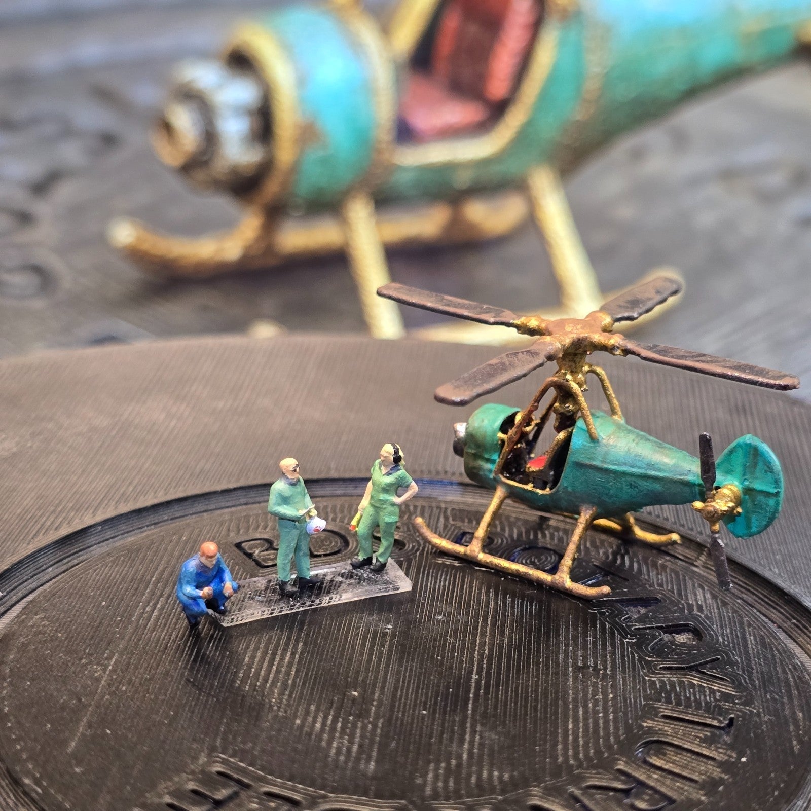 Hand-Painted Miniature Helicopter Scene | N Scale 1:160 Diorama Set | USA Made