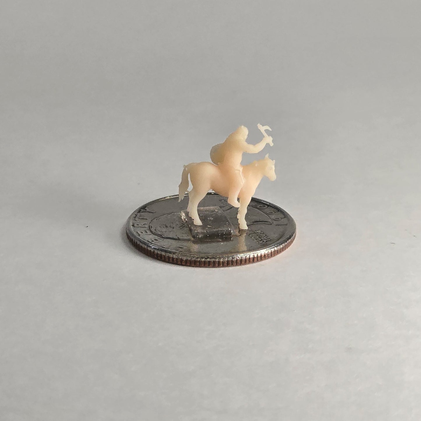 N Scale 12mm Native Warrior on Horse – Unpainted Miniature with Tomahawk