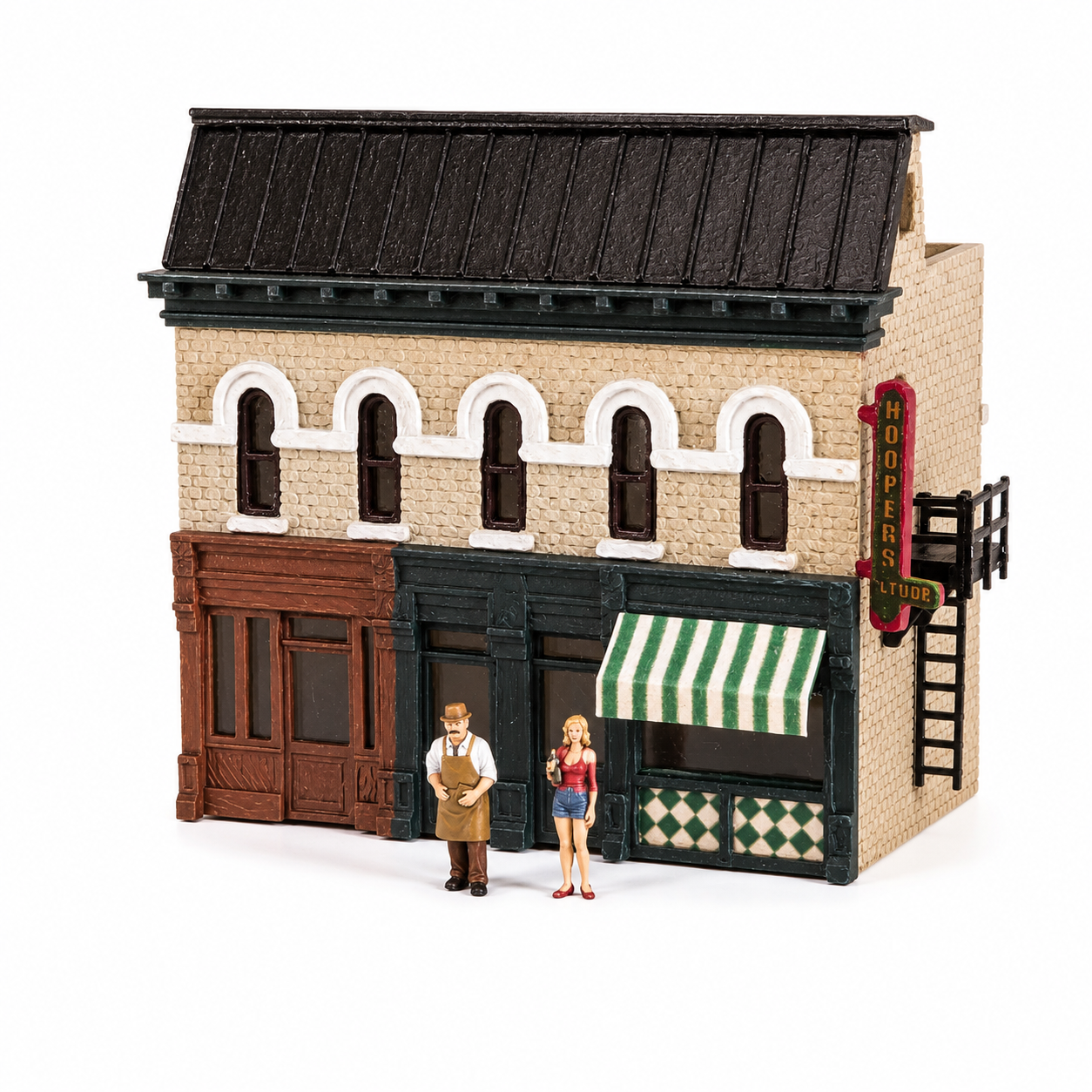 N Scale Corner Store Building Scene Set – Grocer, Coke Bottle Girl & Two Storefronts – Unpainted