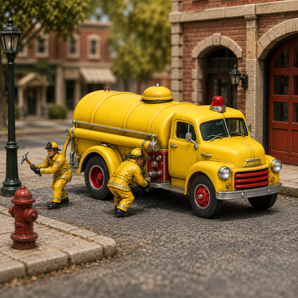 N Scale Vintage Fire Department Water Tanker & Firefighter Scene Set – Unpainted