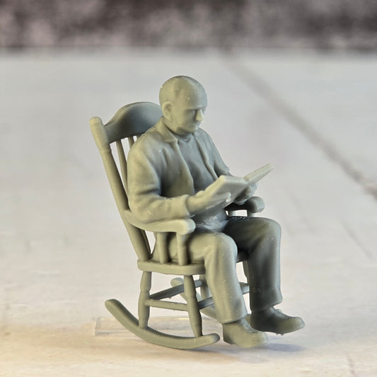 28mm scale Resin Printed Grandpa in Rocking Chair – Diorama, doll houses, scale modelers, camera props, scene building