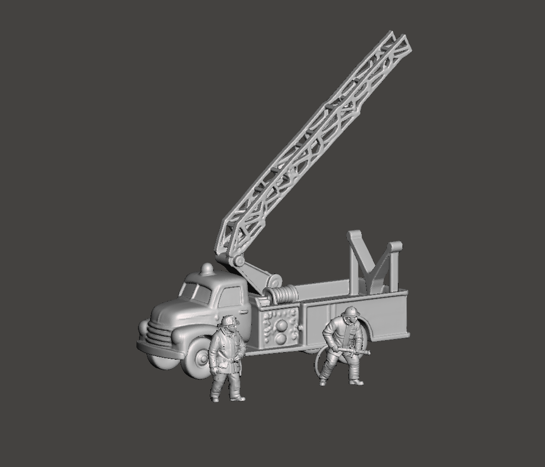 N Scale Vintage Ladder Fire Truck & Firefighter Scene Set – Unpainted