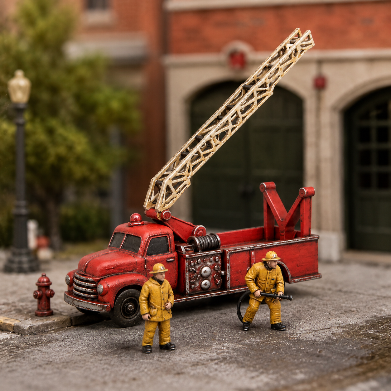 N Scale Vintage Ladder Fire Truck & Firefighter Scene Set – Unpainted