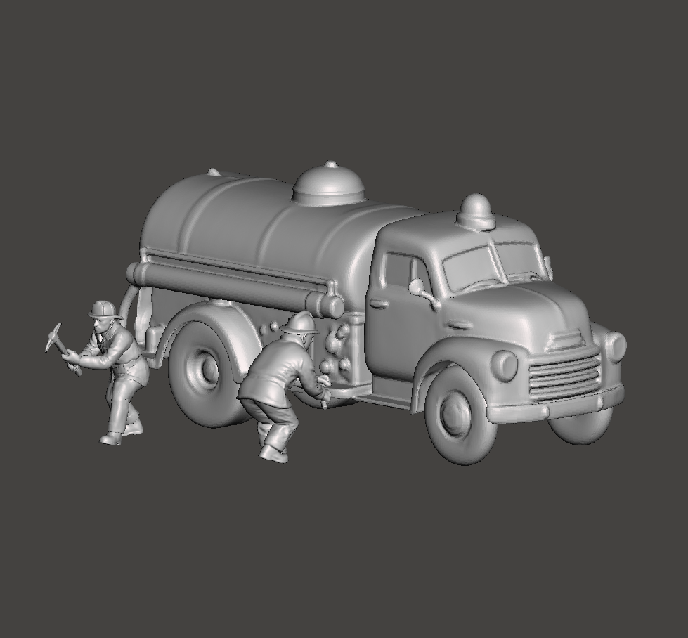 N Scale Vintage Fire Department Water Tanker & Firefighter Scene Set – Unpainted