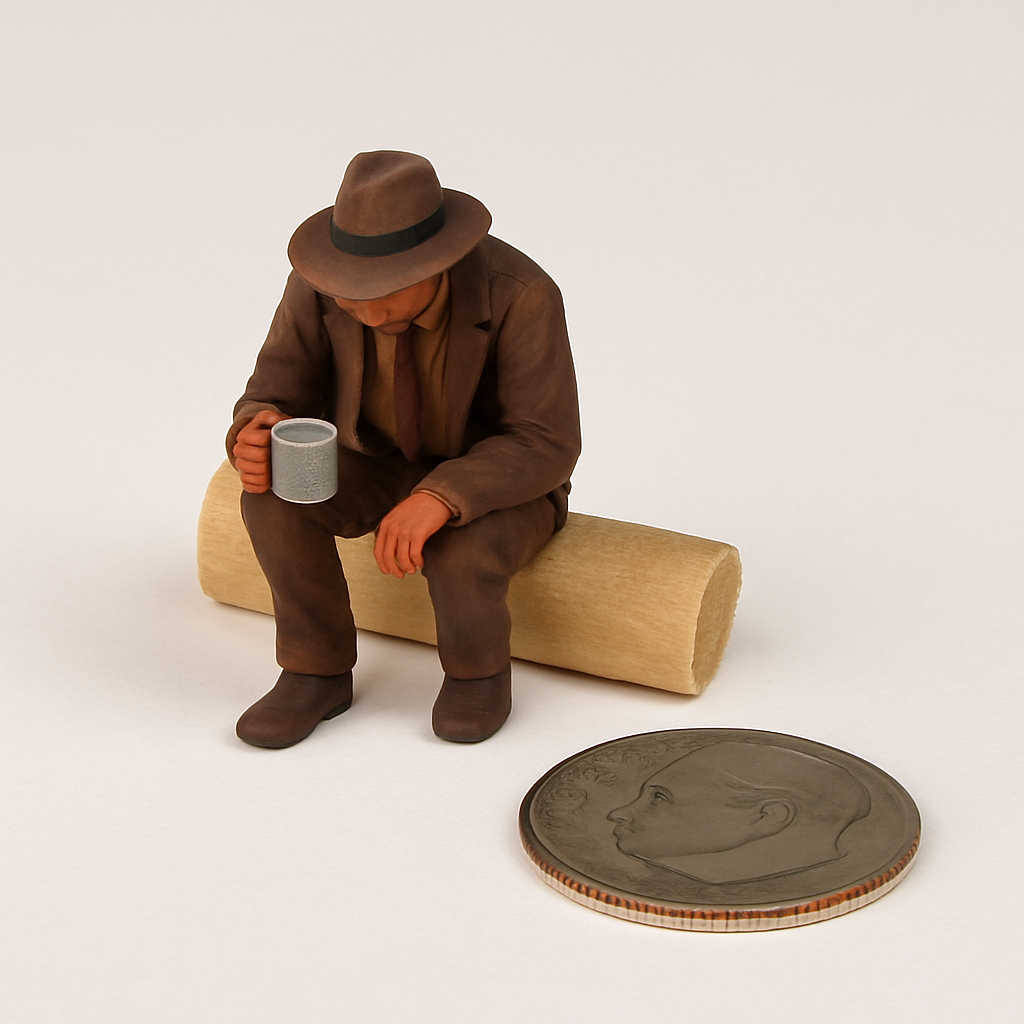 Large Hobo Sitting on Log with Coffee Cup – 22mm Tall Resin Figure