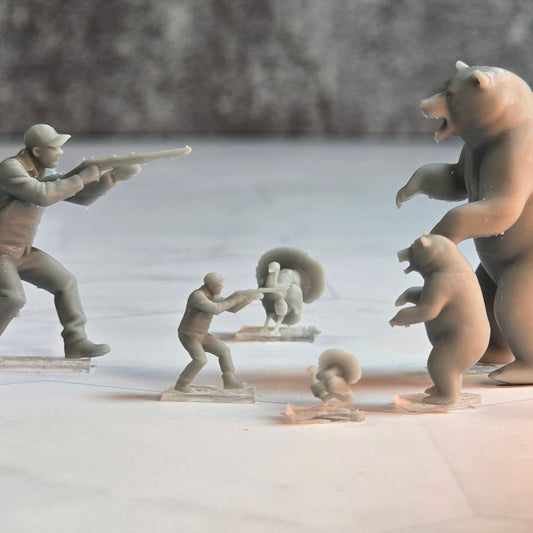 28mm scale Resin Printed Hunter and Bear with Turkey – Diorama, doll houses, scale modelers, camera props, scene building