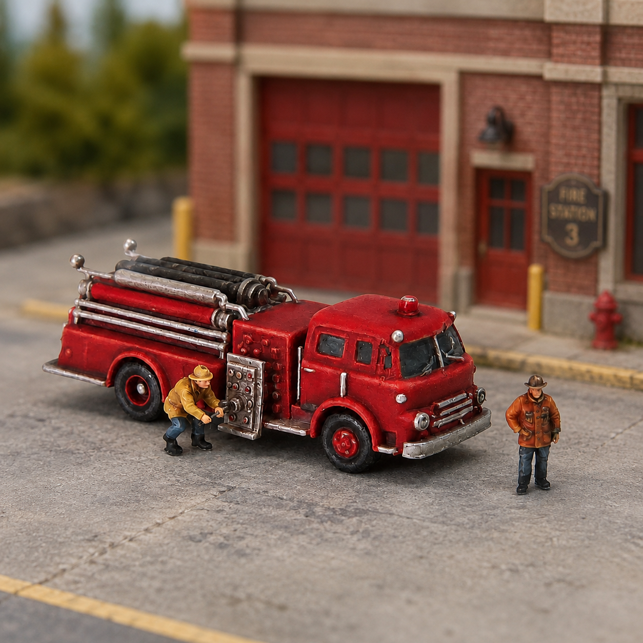 N Scale Vintage Hose Fire Truck & Firefighter Scene Set – Unpainted