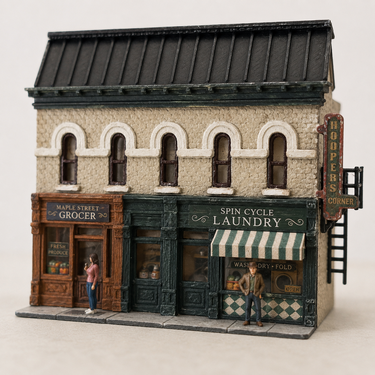 N Scale Corner Store Building Scene Set – Grocer, Coke Bottle Girl & Two Storefronts – Unpainted