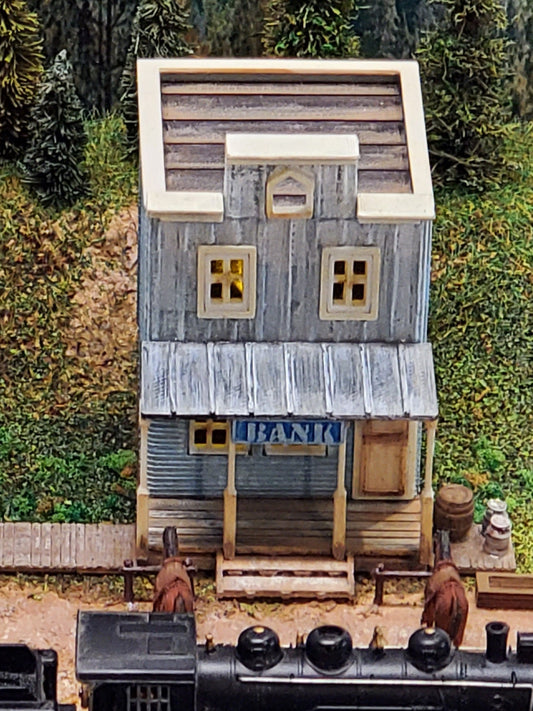 N Scale Western Bank Building Kit  3D Printed Pioneer-Era Model for Dioramas, Terrain & Layouts  Unpainted w/ Instructions Included