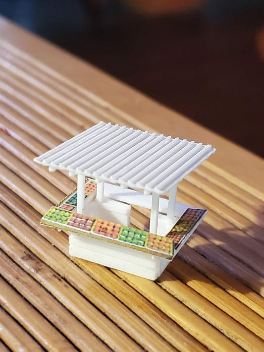 N-scale 3D printed fruit stand kit (1:160) for dioramas, model trains, dollhouses, landscapes - unpainted, war gaming, displays, miniatures.