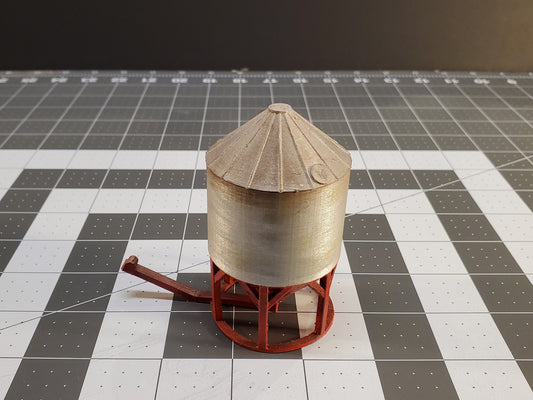 Ready-Built N scale Built up structure Grain storage bin with built-in auger. Ready to install on your model train layout.