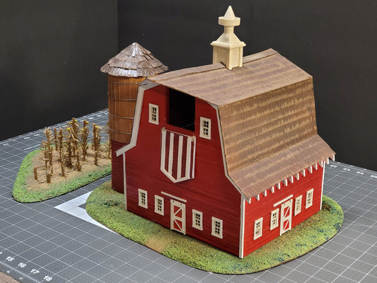 O-scale Red Barn made from real wood, a realistic silo, and a cornfield landscape. Ready-Built to install on your Model train layout.