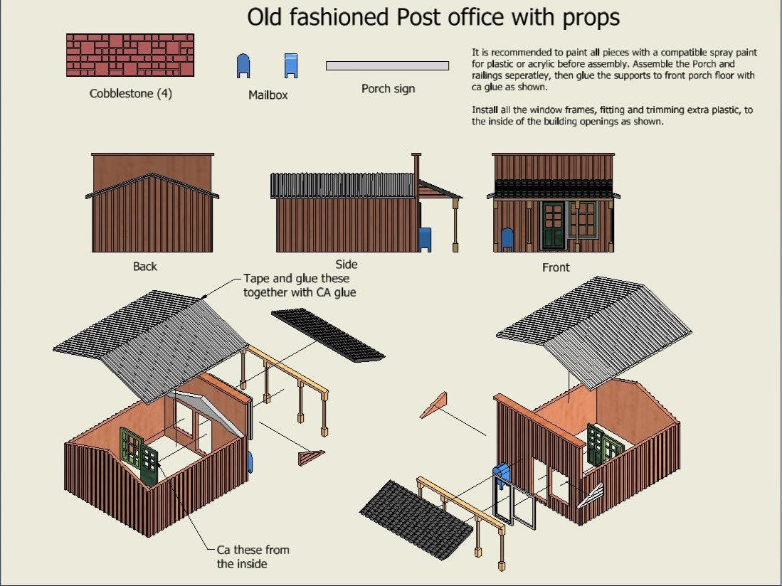 N Scale 3D printed plastic model with instructions Unpainted Post office building kit,  for dioramas, dollhouses, model trains.