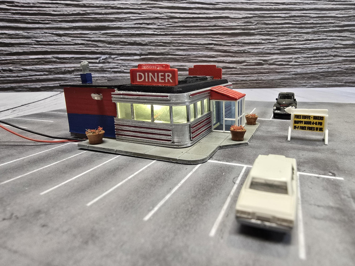 Nscale route 66 Diner-Lighted,Weathered, Ready-Built Miniture for Model Railroad Layout,Diorama scene, or Train Display