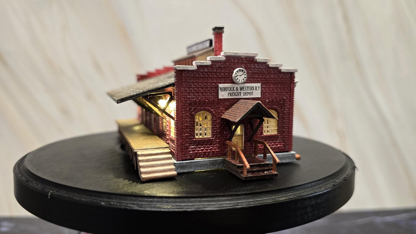 Miniature Monday Special N Scale Ready Built with lights N and W Freight Depot #ModelBuilding #Miniature #T track ((Not the kit)) fully assembled.