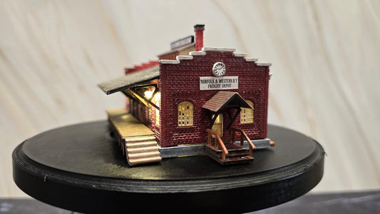 Miniature Monday Special N Scale Ready Built with lights N and W Freight Depot #ModelBuilding #Miniature #T track ((Not the kit)) fully assembled.