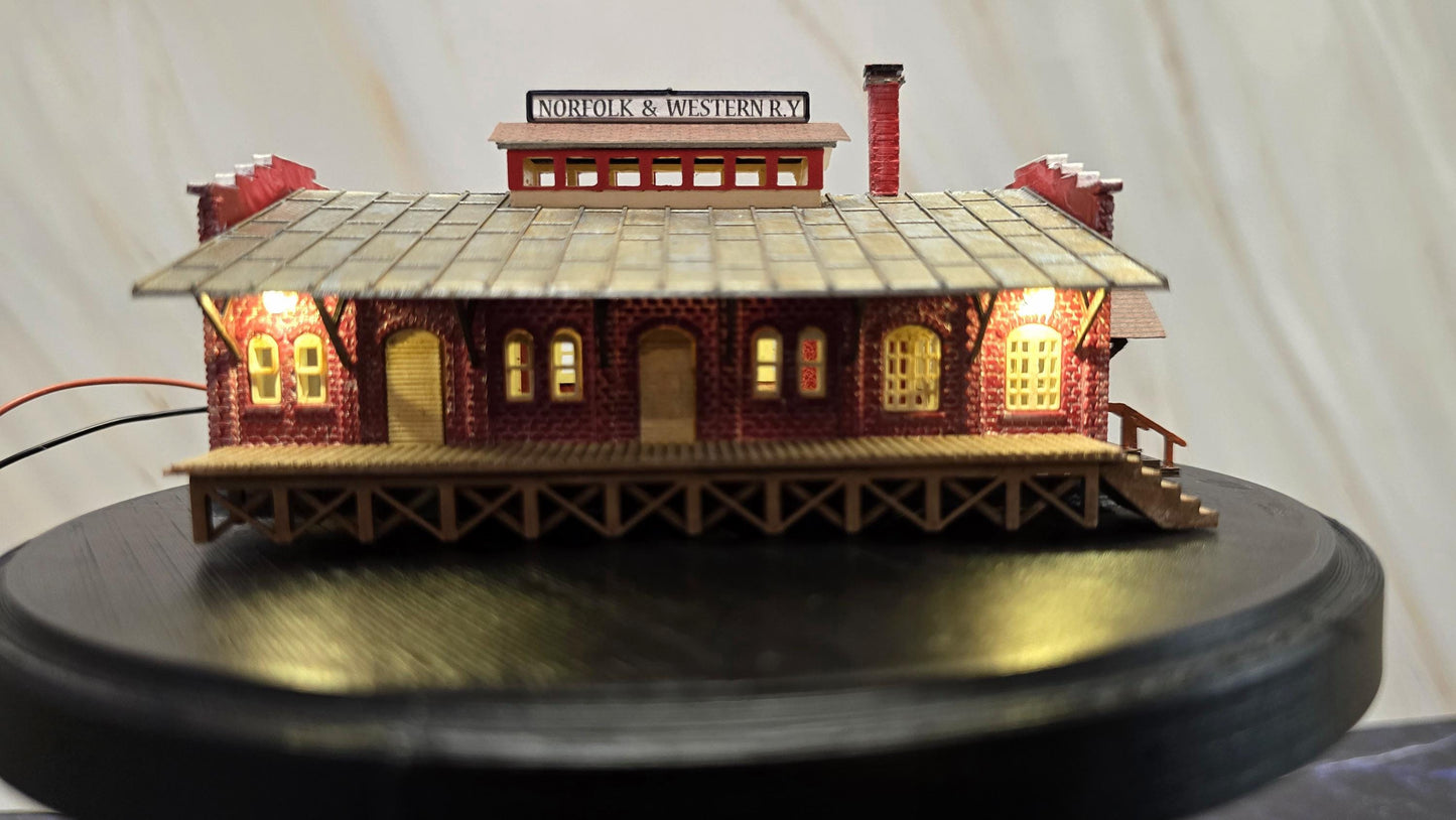 Miniature Monday Special N Scale Ready Built with lights N and W Freight Depot #ModelBuilding #Miniature #T track ((Not the kit)) fully assembled.