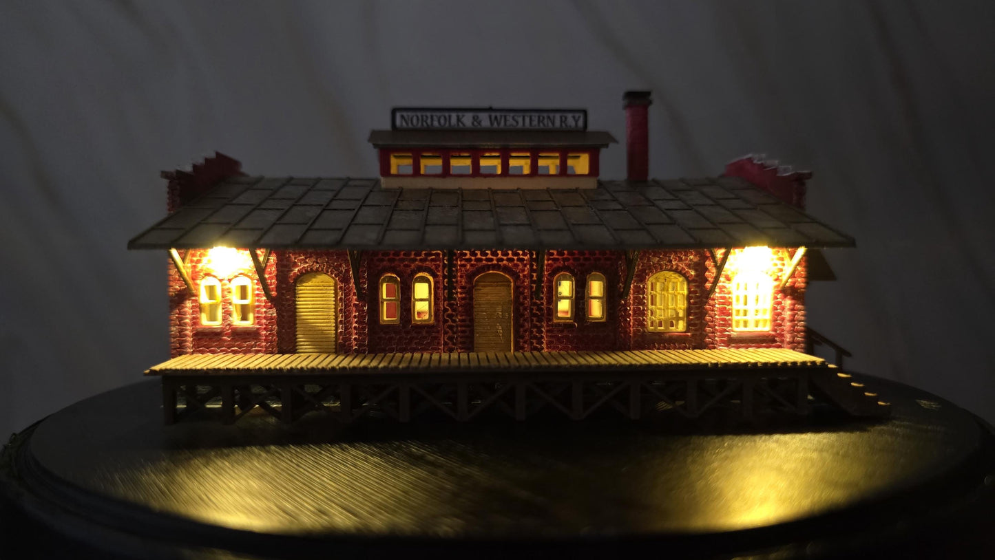 Miniature Monday Special N Scale Ready Built with lights N and W Freight Depot #ModelBuilding #Miniature #T track ((Not the kit)) fully assembled.