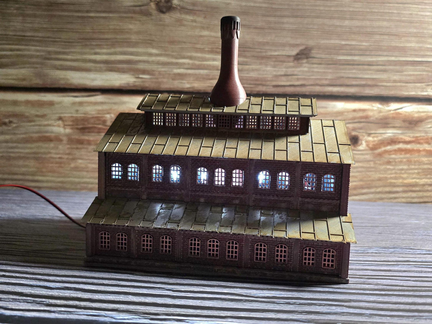 n scale ready built lit glass factory with lights  handcrafted model railroad building for dioramas & layouts"**