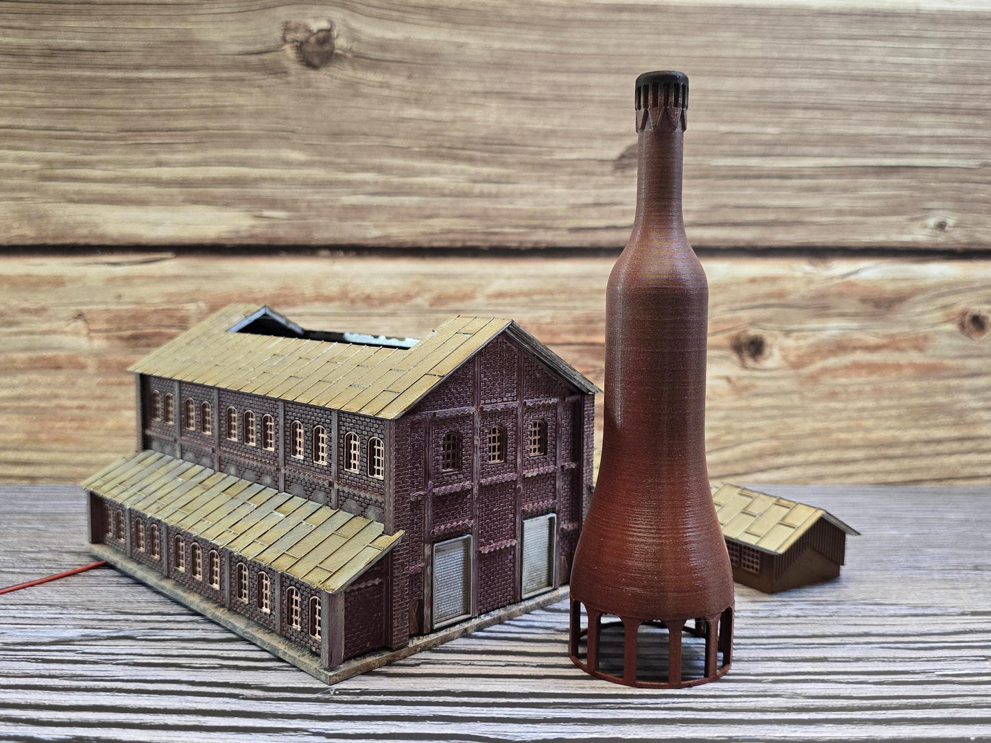 n scale ready built lit glass factory with lights  handcrafted model railroad building for dioramas & layouts"**